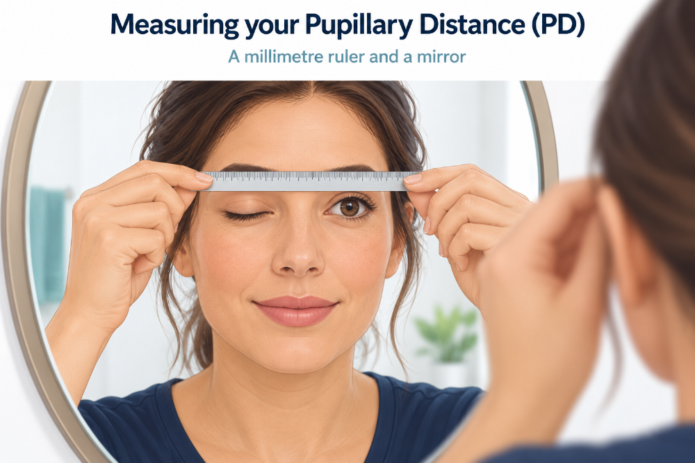 Person holding a millimetre ruler above their eyes while looking in a mirror to measure pupillary distance.
